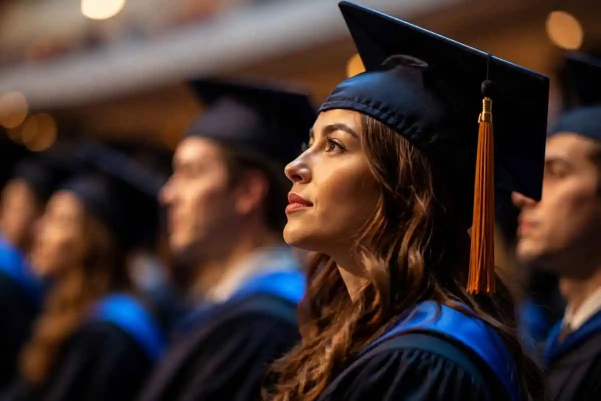 Uma jovem usando beca e capelo de formatura aparece em destaque, vista de perfil, durante uma cerimônia de graduação.